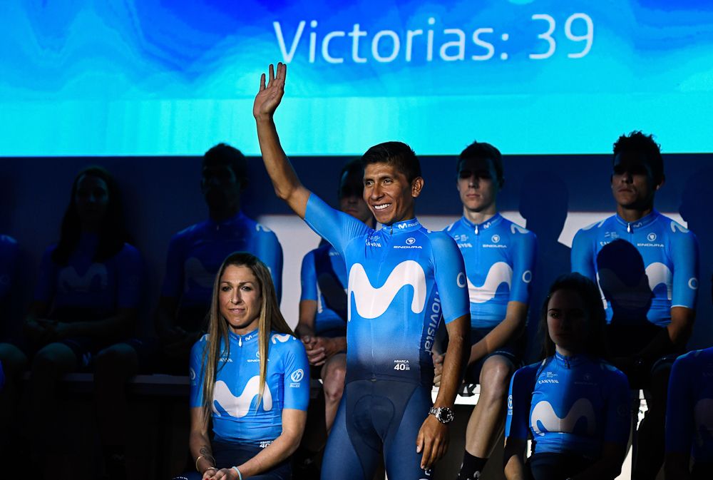Nairo Quintana waves during the presentation of Spain's Movistar Team