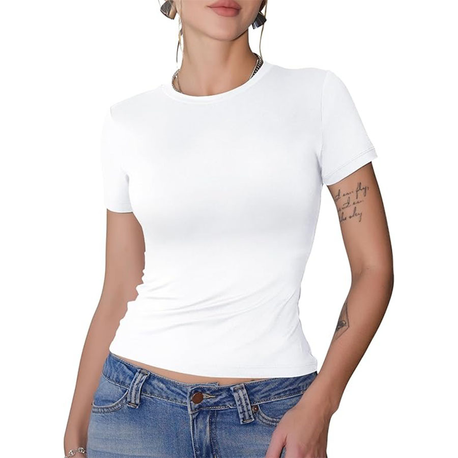 Gayhay White Womens Basic T Shirts Crew Neck Short Sleeve Slim Fitted Tees Y2k Cute Trendy Summer Crop Tops for Women Teen 2025