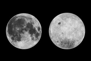 A photo showing the near side of the moon on the right, and the far side of the moon on the right