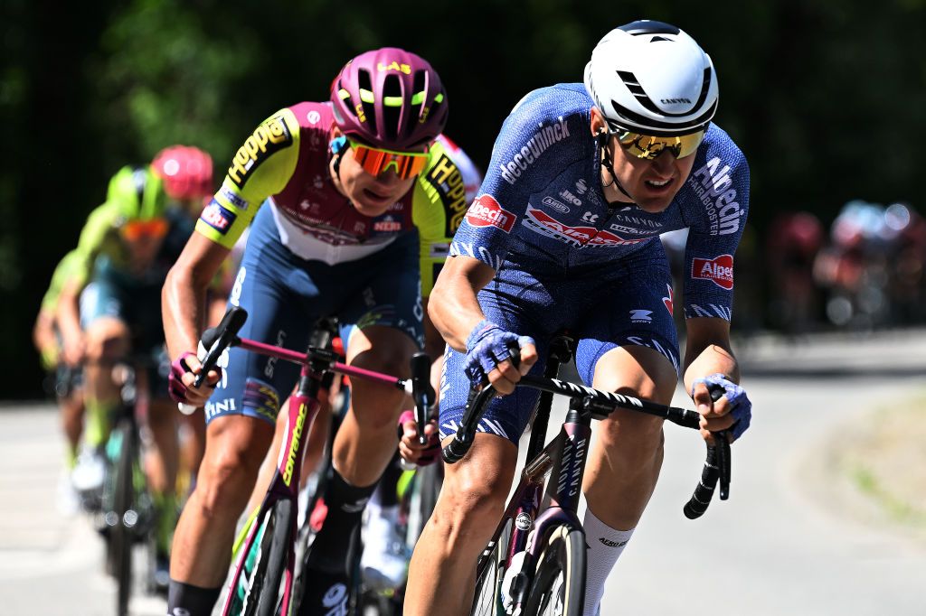 CARI SWITZERLAND JUNE 13 Nicola Conci of Italy and Team Alpecin Deceuninck competes during the 87th Tour de Suisse 2024 Stage 5 a 1486km stage from Ambri to Cari 1636m UCIWT on June 13 2024 in Cari Switzerland Photo by Tim de WaeleGetty Images