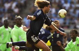 Gabriel Batistuta scores for Argentina against Nigeria at the 2002 World Cup.