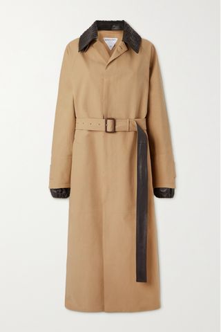 Belted Leather-Trimmed Cotton-Garbardine Trench Coat