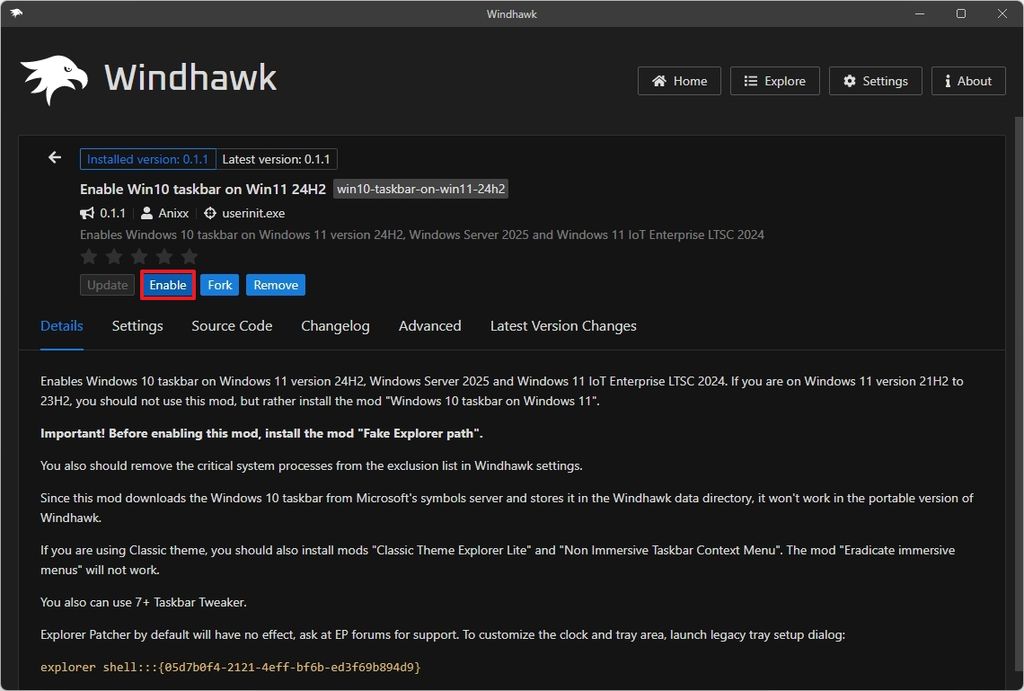 Enable Windows 10 Taskbar using WindHawk