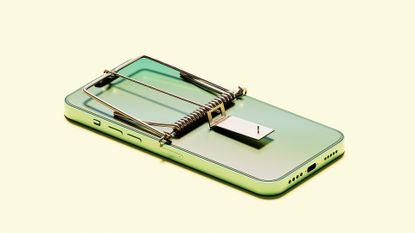 A digital image of a smartphone being used as a mousetrap, to represent cyber deception and honeytraps.