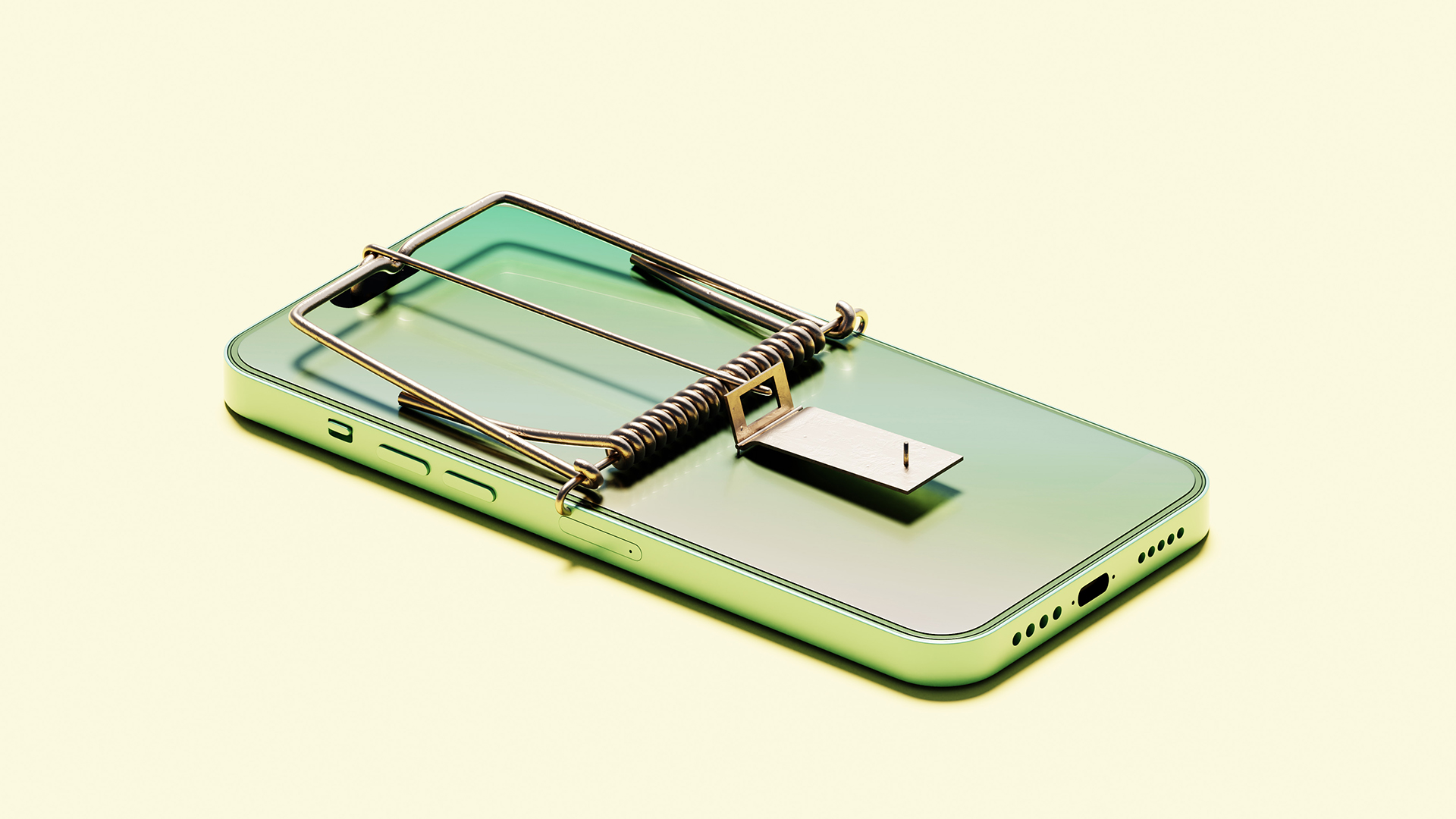 A digital image of a smartphone being used as a mousetrap, to represent cyber deception and honeytraps.