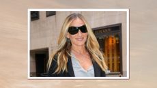 Sarah Jessica Parker is seen with softly waved hair and wearing sunglasses on April 21, 2025 in New York City/ in a beige and grey sunset-style template
