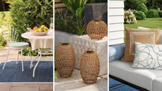 a set of three outdoor scenes including a bistro set, some lanterns, and outdoor pillows