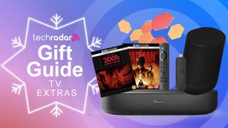 A Roku soundbar, Sonos speaker, Amazon Fire TV stick and DVDs in a collage