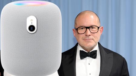 Jony Ive (in a photo Photo by Mike Coppola/MG25/Getty Images for The Met Museum/Vogue) cropped and with a mock-up smart speaker with camera