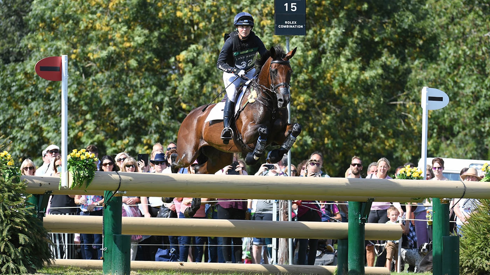 Piggy French riding VANIR KAMIRA during the cross country phase of the Land Rover Burghley Horse Trials near Stamford in Lincolnshire in the UK between 29th August and 2nd September 2018