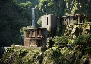 wooden house on cliffside