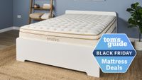 The Saatva Classic Mattress on a bed frame in a bedroom, a Tom's Guide Black Friday mattress deals graphic (right)