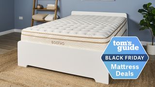 The Saatva Classic Mattress on a bed frame in a bedroom, a Tom's Guide Black Friday mattress deals graphic (right)