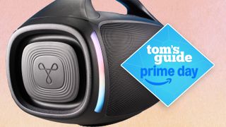 the tribit stormbox blast 2 passive radiator and LED lights with a tom's guide prime day deal badge