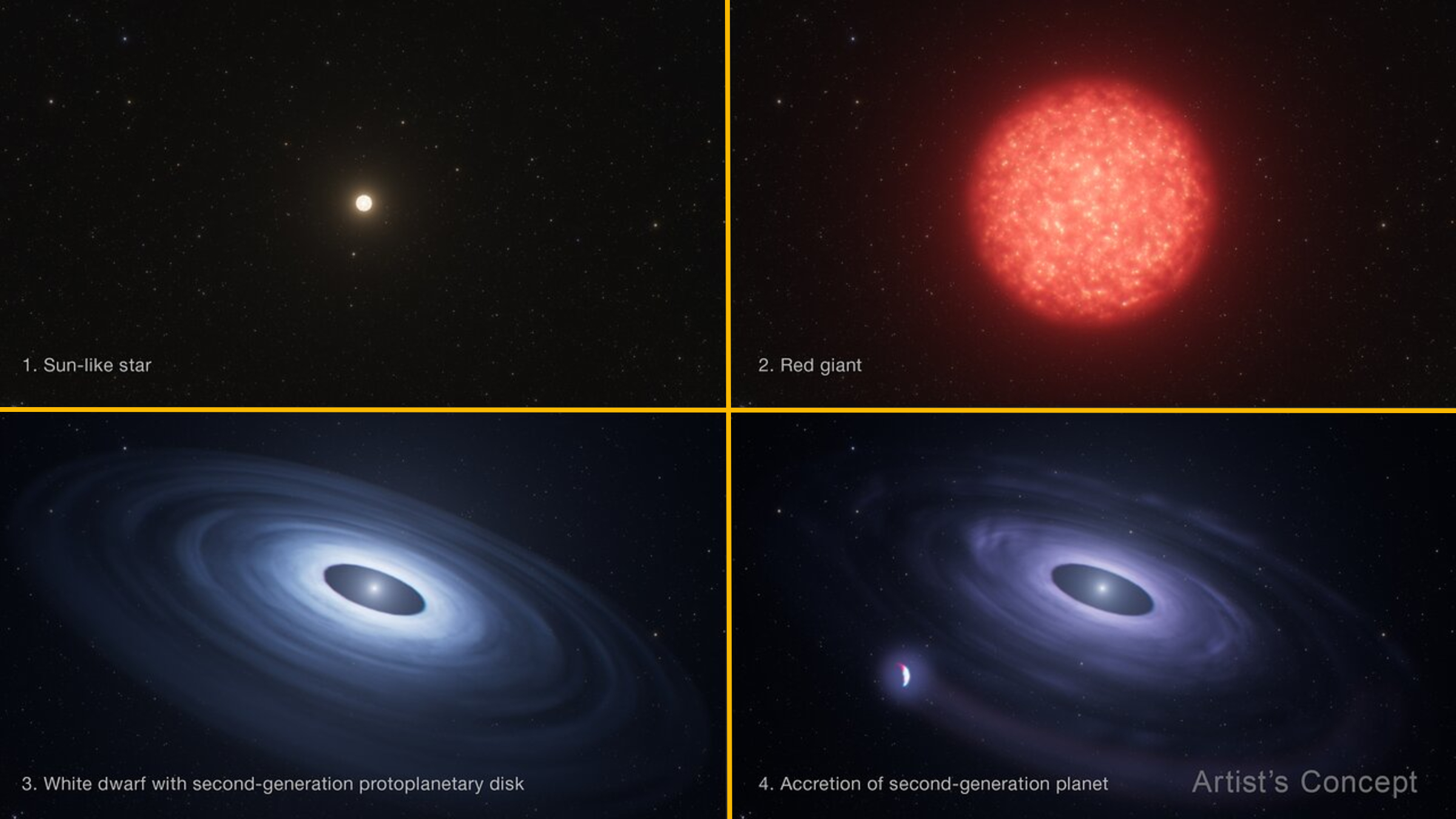 Four illustrations showing the stages of the star's life from main sequence star, to red dwarf, to white dwarf and then with an exoplanet companion