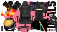 A selection of winter-themed gaming products on a pink and white deals background, with the PC Gamer logo in the bottom right