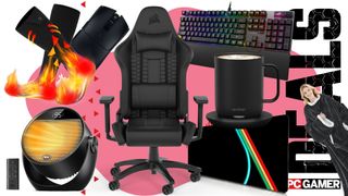 A selection of winter-themed gaming products on a pink and white deals background, with the PC Gamer logo in the bottom right
