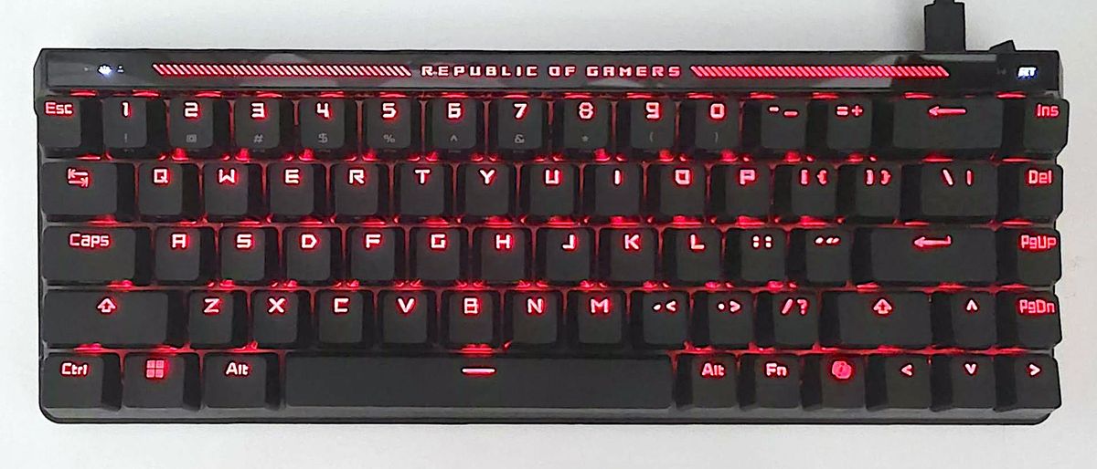 The Asus ROG Falchion Ace HFX 65% keyboard with red RGBs