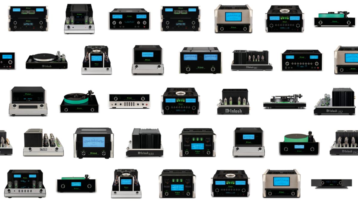 McIntosh hi-fi separates in little rows, on white background