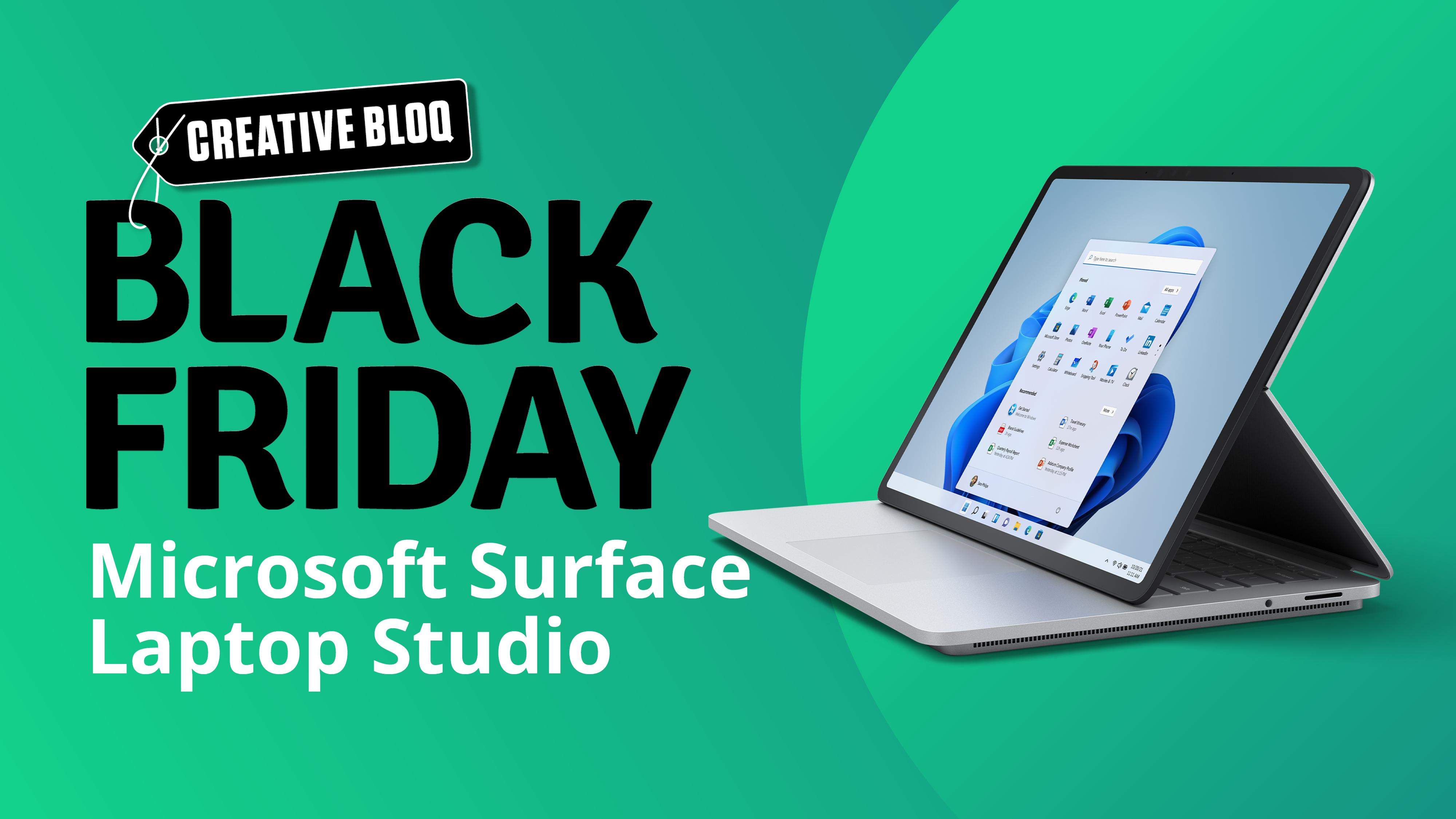 A Microsoft Black Friday deals image, with a Microsoft Surface Laptop Studio on a green background