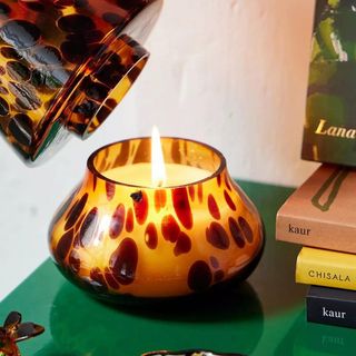 A tortoiseshell lamp-shaped candle on a green table is a cosy tortoiseshell homeware piece.
