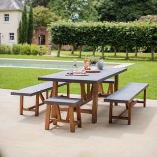 Chilson table and bench set is the best outdoor dining set for industrial chic