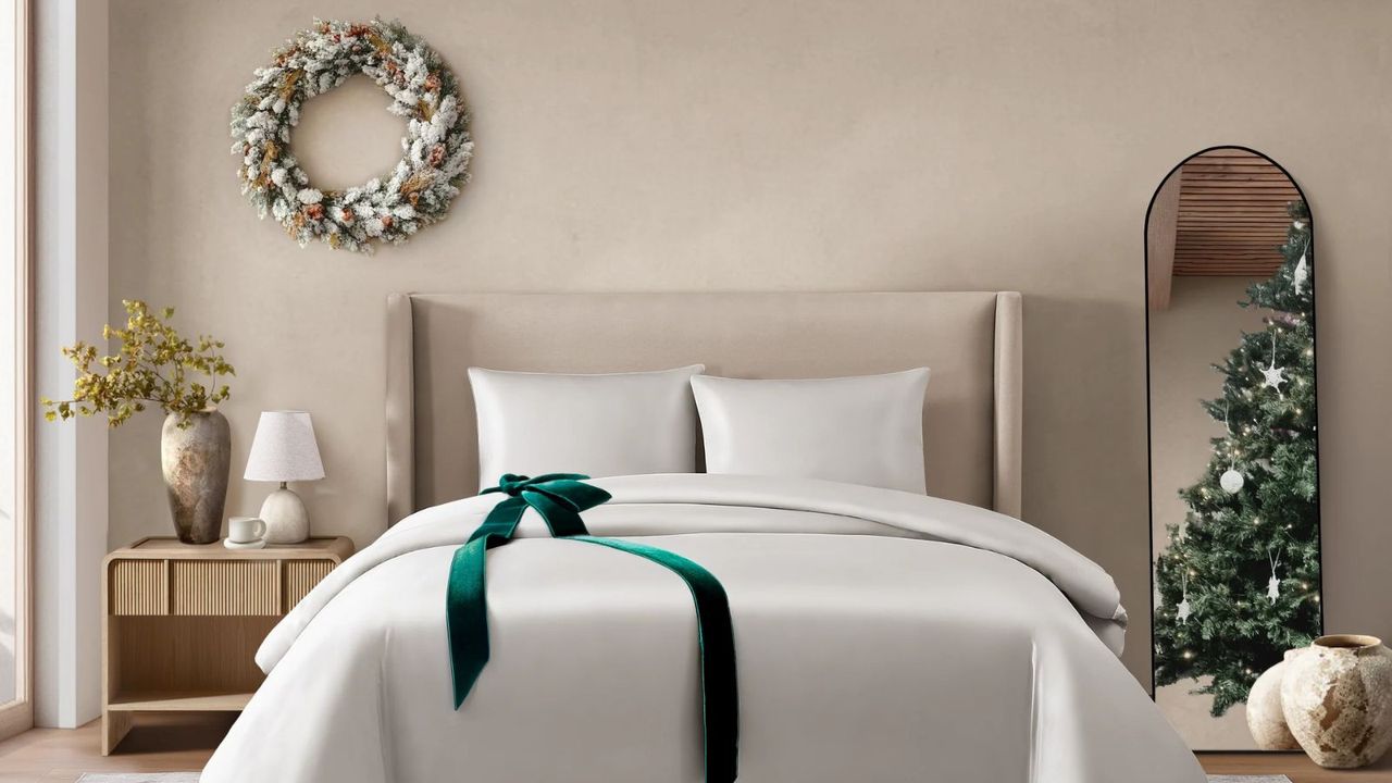 Pure Parima Egyptian cotton sheets on a bed against a beige wall decorated with a wreath and a Christmas tree. 