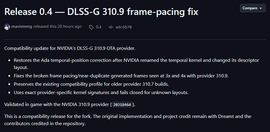 A screenshot of the MFGAdaUnlock-RenoDx GitHub project showing the patch notes for Release 0.4.