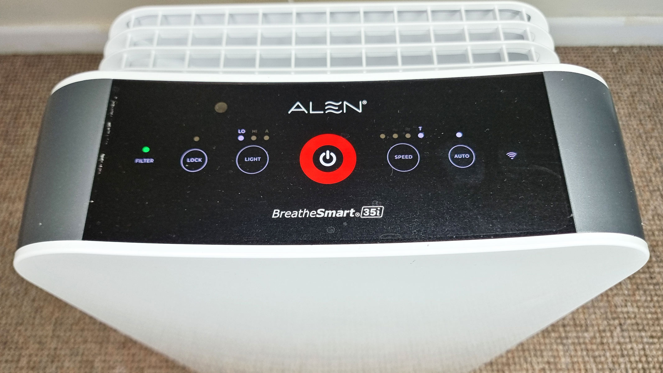 A close-up picture of the control panel on the Alen BreatheSmart 35i air purifier