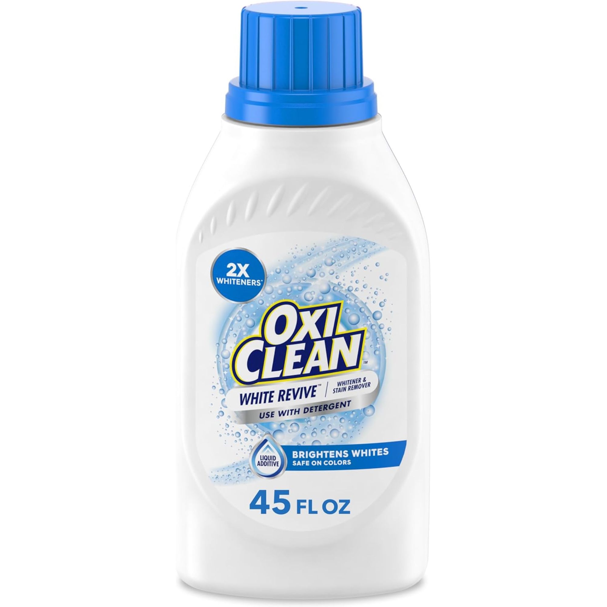OxiClean White Revive Whitener &amp;amp; Stain Remover Liquid Additive in a white bottle with a blue and white label and blue cap.