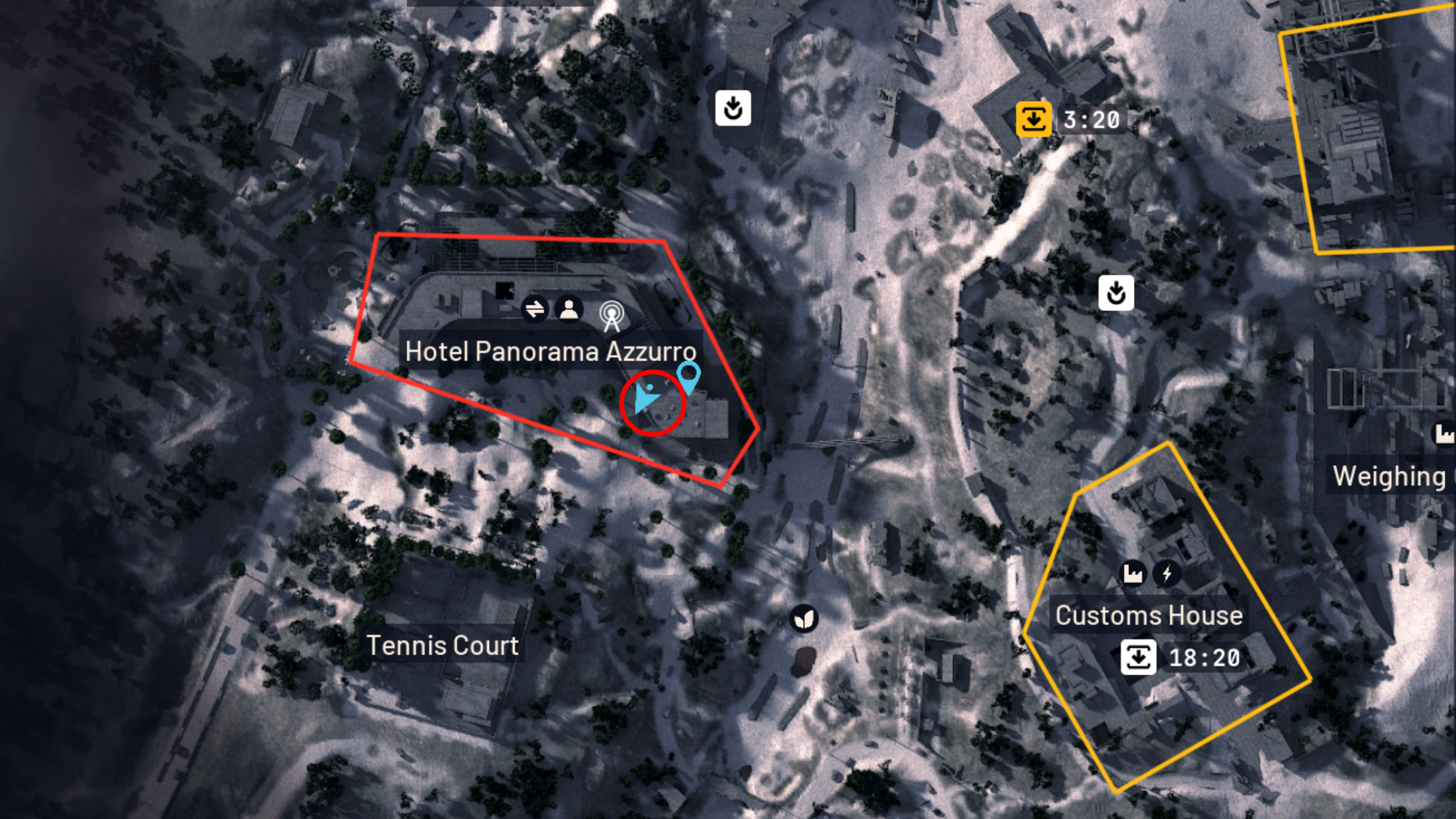 Arc Raiders Shoring Up Defenses: A map with a red circle highlighting the location of the shuttered windows in the Hotel Panorama Azzurro.