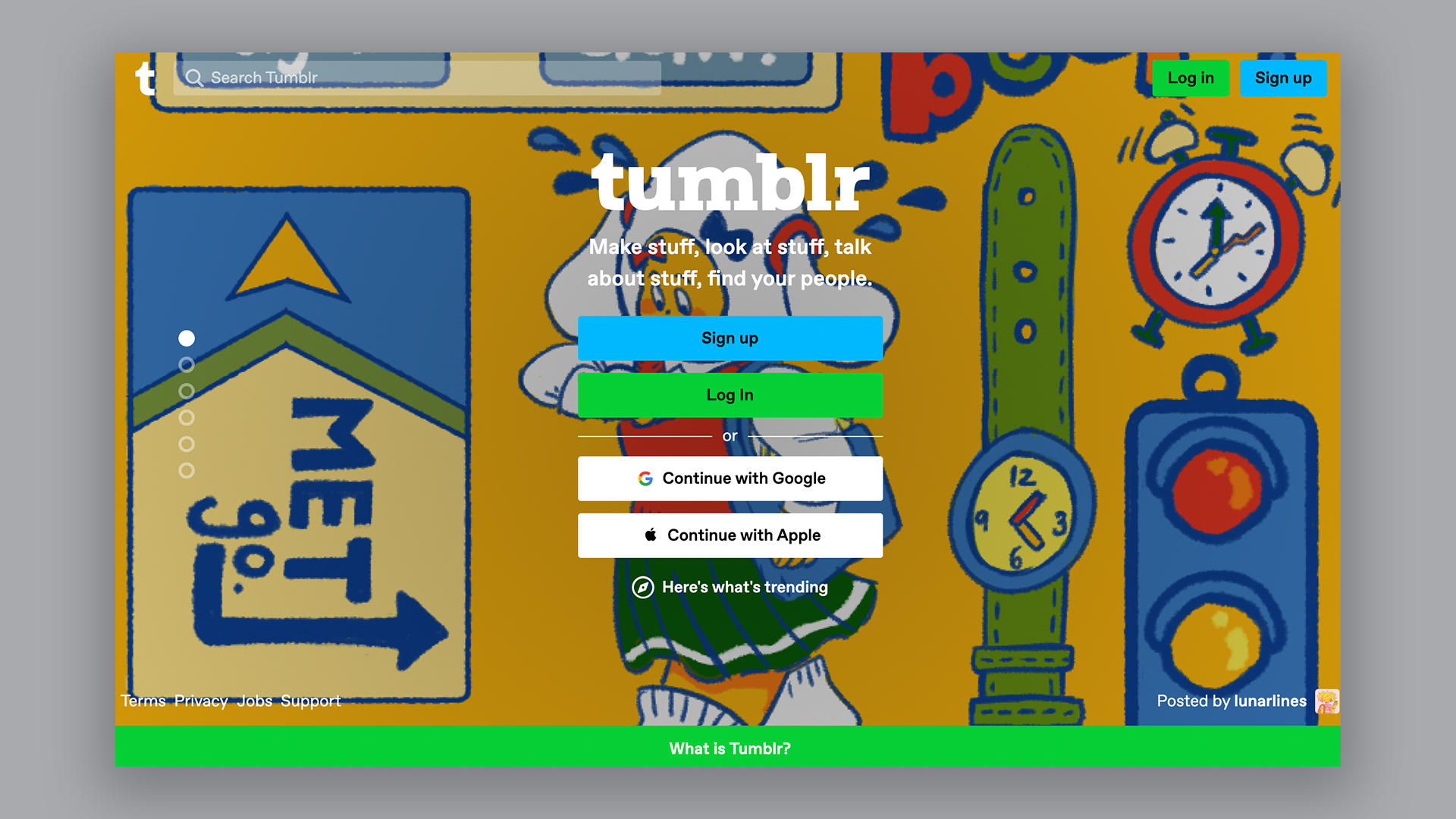 Homepage of Tumblr, one of the best blogging platforms, featuring cartoons of watch, alarm clock, roadsign and watch