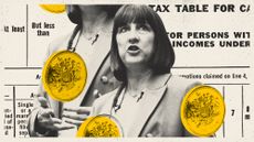 Illustration of Rachel Reeves, coins and text from a tax form