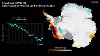 A map showing Antarctic ice mass loss from 2002 to 2023.