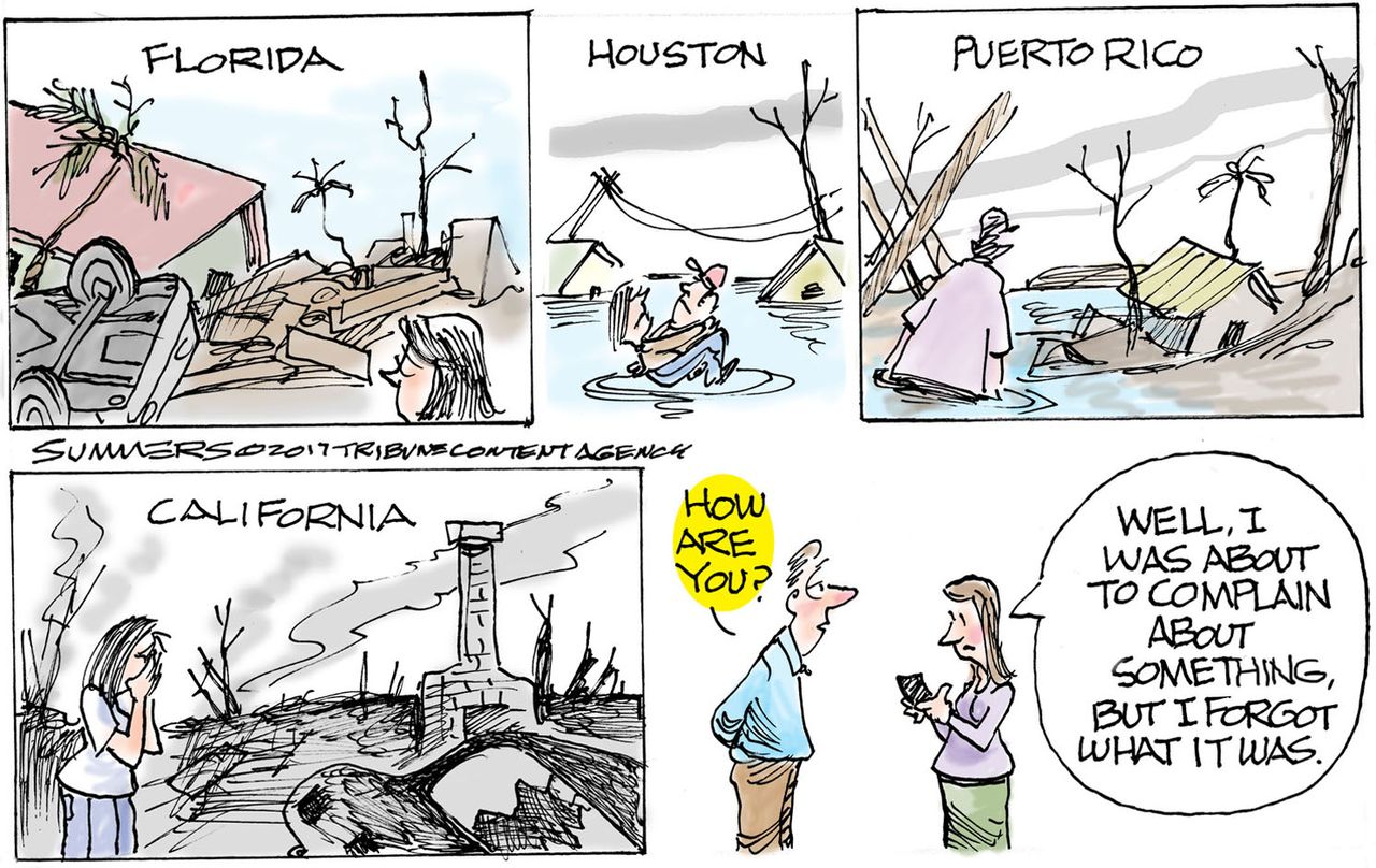 Political cartoon U.S. Hurricanes Puerto Rico California fires complaining