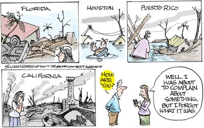 Political cartoon U.S. Hurricanes Puerto Rico California fires complaining