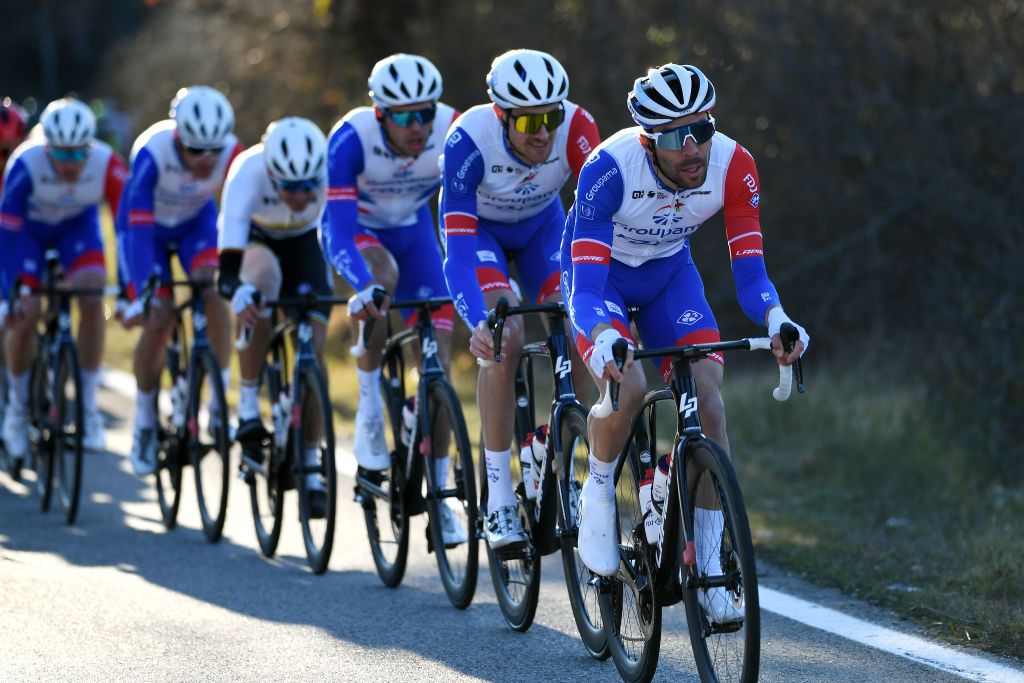SOVICILLE ITALY MARCH 08 Thibaut Pinot of France and Team Groupama FDJ leads The Peloton during the 57th TirrenoAdriatico 2022 Stage 2 a 219km stage from Camaiore to Sovicille TirrenoAdriatico WorldTour on March 08 2022 in Sovicille Italy Photo by Tim de WaeleGetty Images