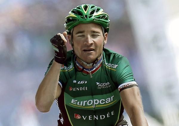 Thomas Voeckler (Europcar) celebrates his victory in stage 10 of the Tour de France.