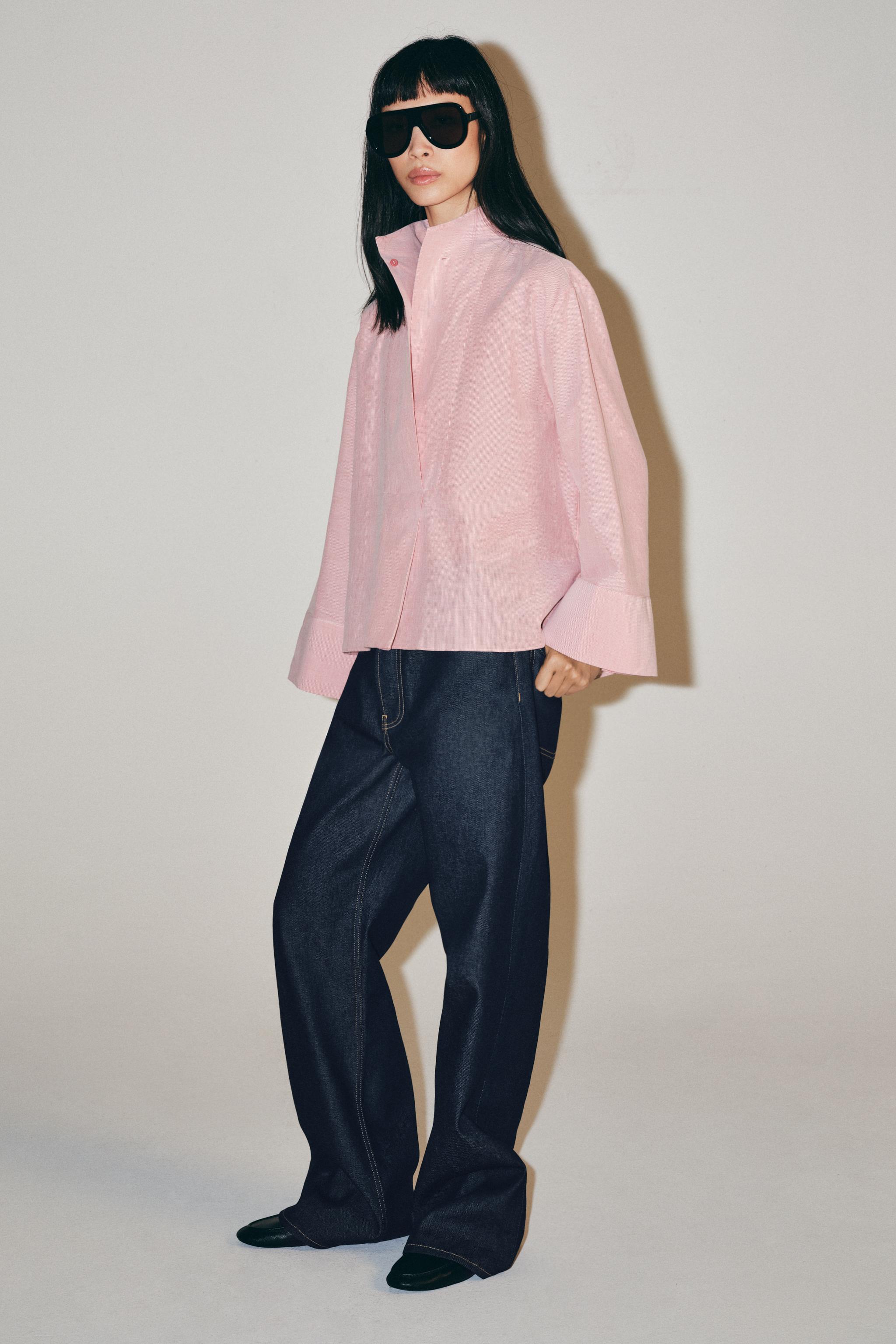 Zw Collection Striped Bib Shirt - Dark Red - Xs