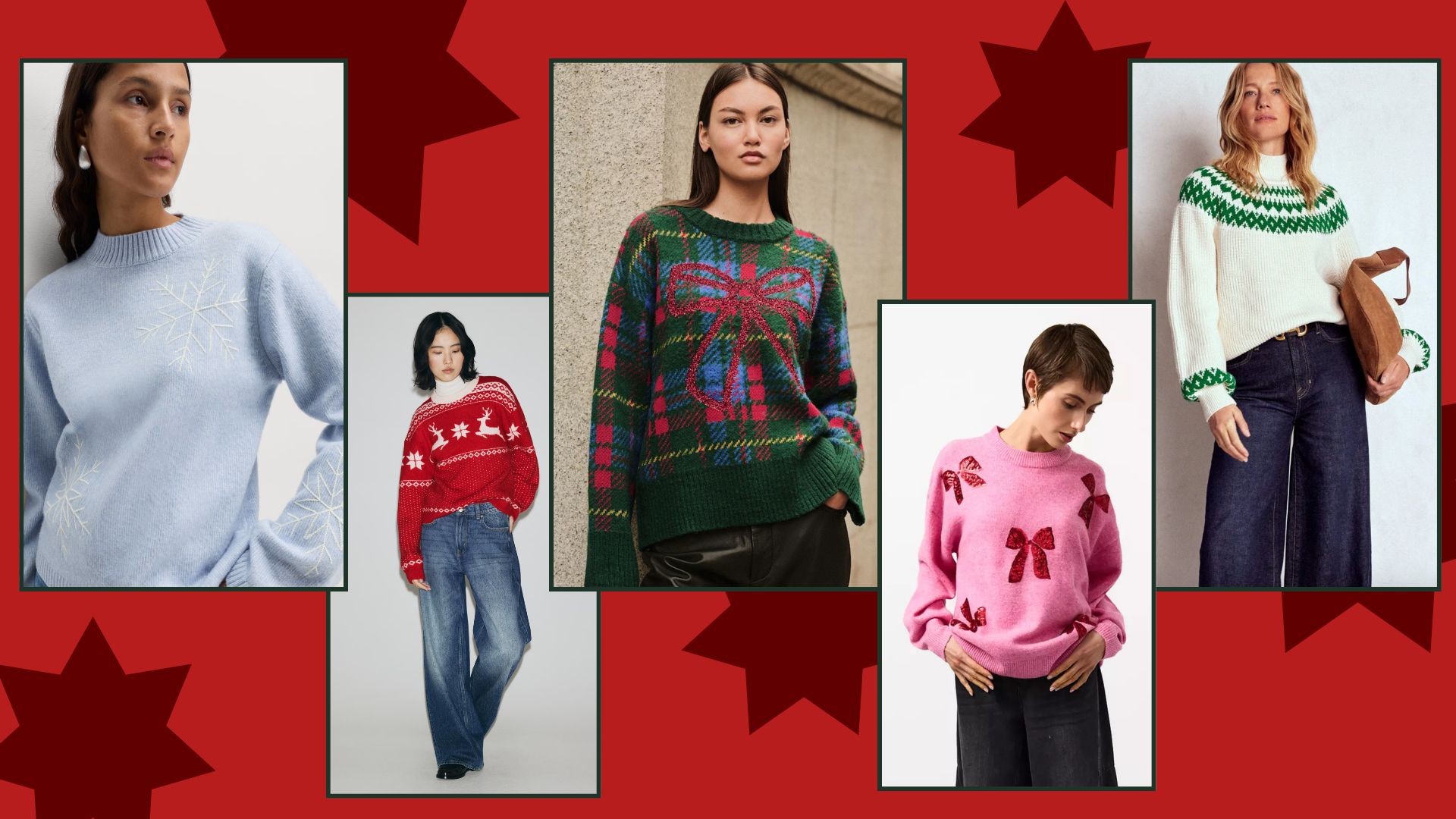 five models wearing christmas jumpers