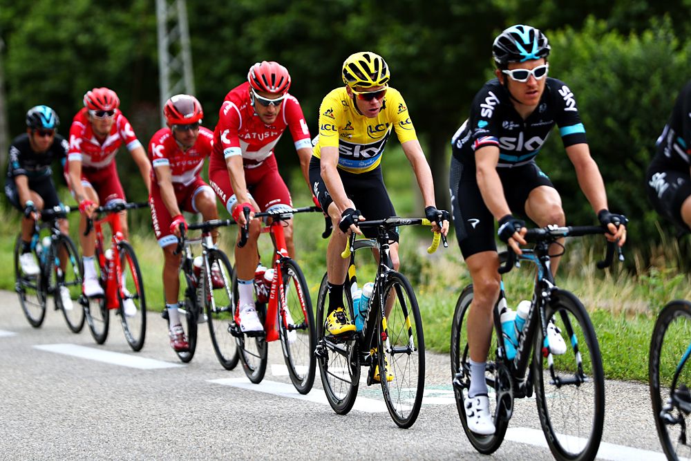 Team Sky at the head of the main field Tour de France stage 10 from Escaldes-Engordany to Revel