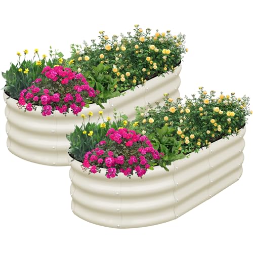 Snugniture Galvanized Raised Garden Bed Outdoor, 2 Pcs 4x2x1ft Oval Metal Planter Box for Planting Plants Vegetables, White