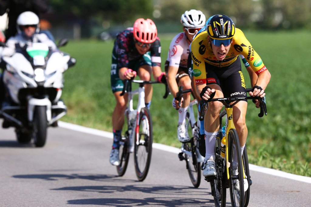 CUNEO ITALY MAY 20 Pascal Eenkhoorn of Netherlands and Team Jumbo Visma competes in the breakaway during the 105th Giro dItalia 2022 Stage 13 a 150km stage from Sanremo to Cuneo 547m Giro WorldTour on May 20 2022 in Cuneo Italy Photo by Michael SteeleGetty Images