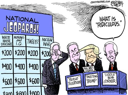 Political cartoon U.S. Trump Rex Tillerson Bob Corker jeopardy
