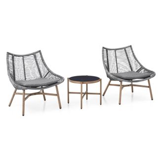 A grey woven bistro set with two chairs and a table