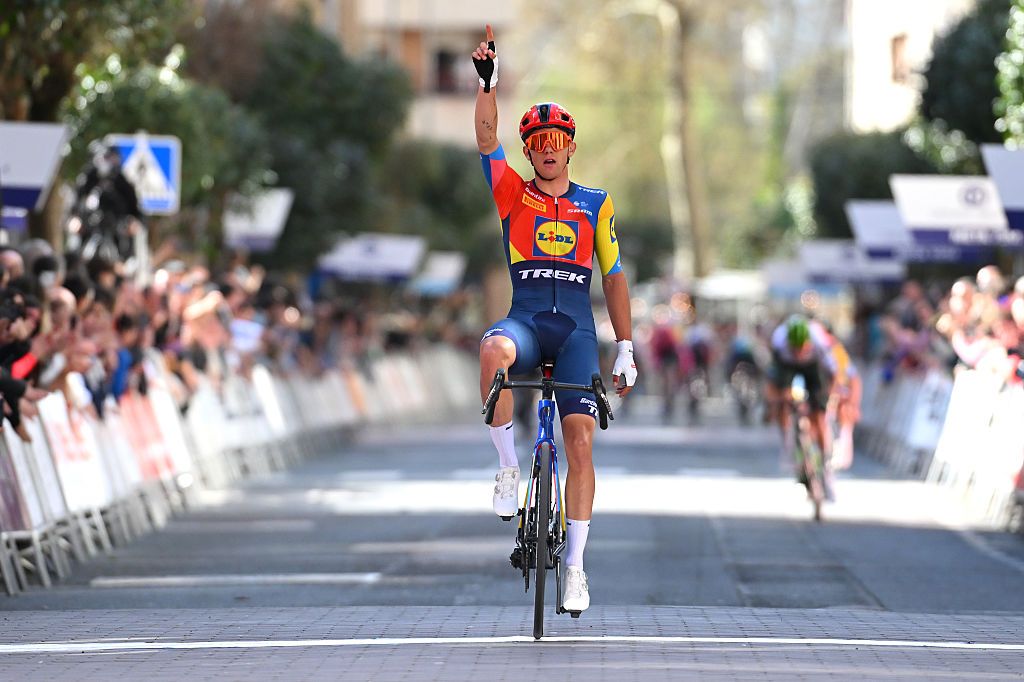 ESTELLALIZARRA SPAIN APRIL 05 Thibau Nys of Belgium and Team Lidl Trek celebrates at finish line as race winner during the 34th Gran Premio Miguel Indurain 2025 a 2039km one day race from EstellaLizarra to EstellaLizarra on April 05 2025 in EstellaLizarra Spain Photo by Tim de WaeleGetty Images