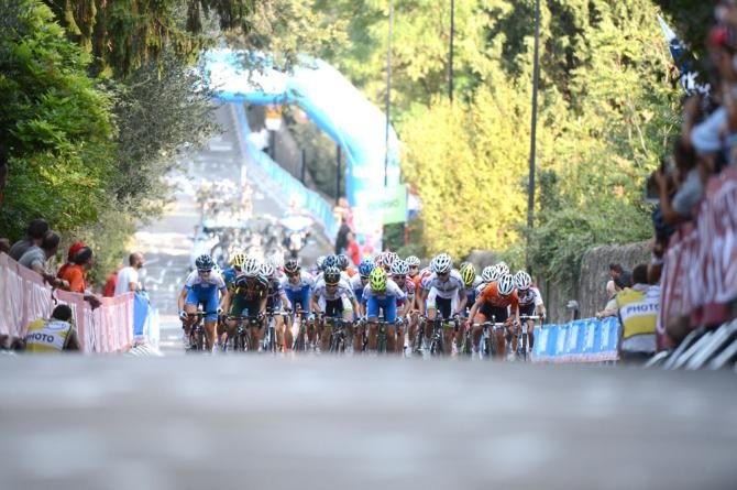 The elite women's peloton in action on the circuit in Florence, Italy