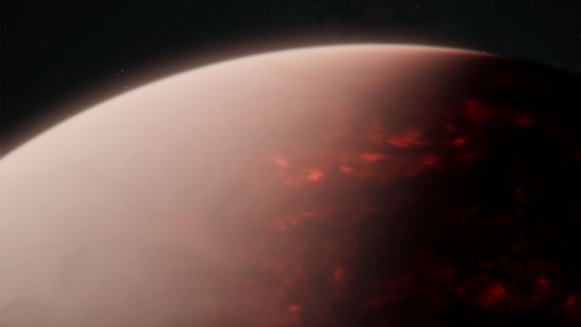 half of a reddish lava planet illustration with a dark space horizon