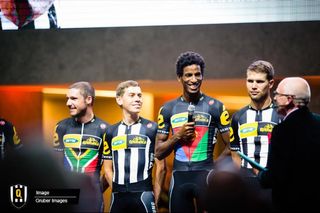 Recently crowned Eritrean champion Daniel Teklehaimanot with the microphone