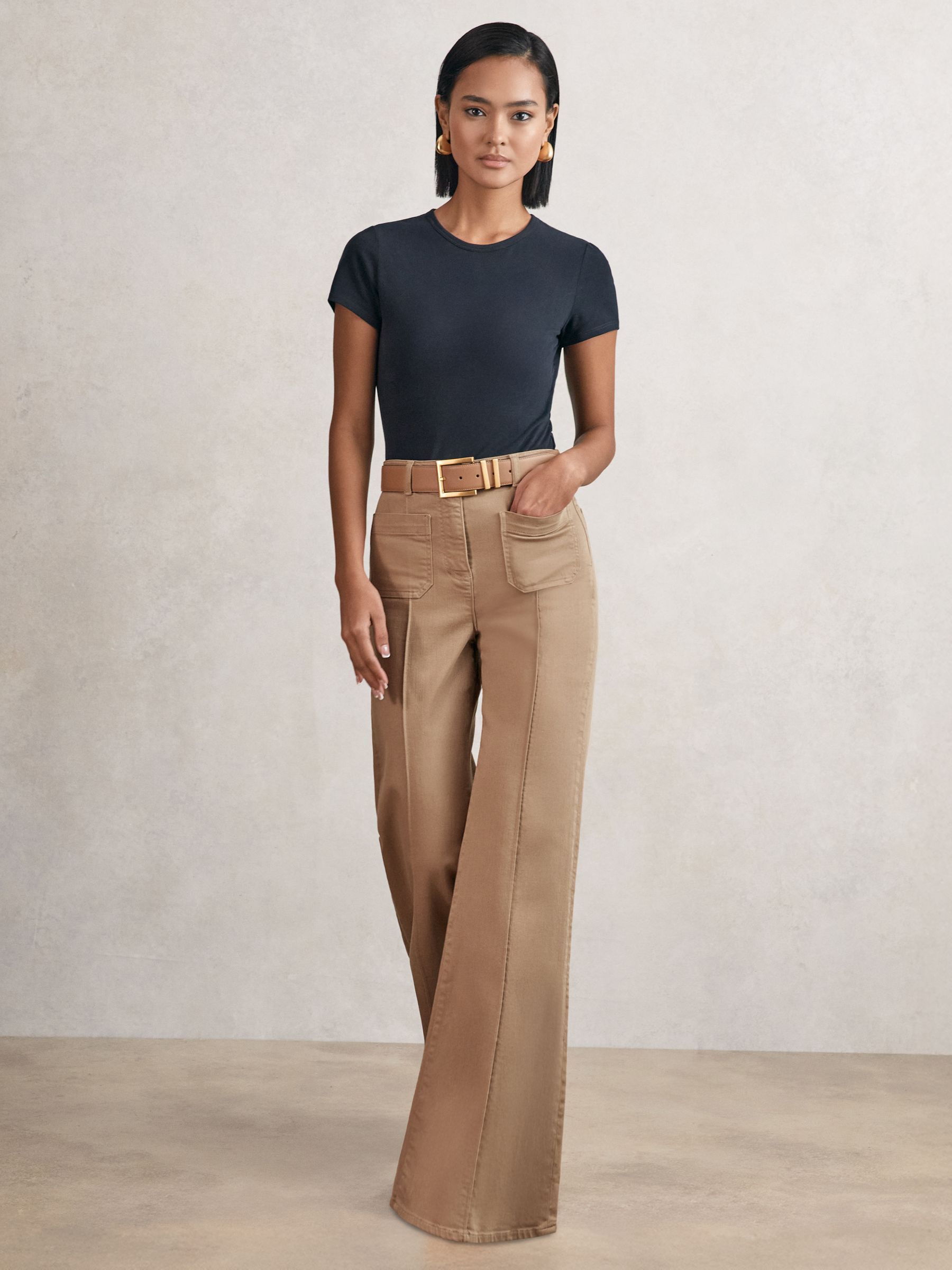 Patch-Pocket Flared Jeans in Taupe Neutral